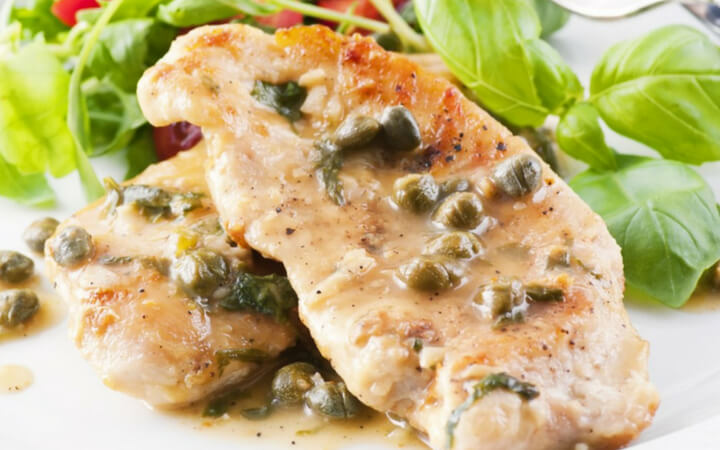 Chicken Piccata with Herb-Roasted Potatoes or Lemon-Rice Pilaf