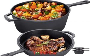 Overmont 10.5" Cast Iron Skillets 3.2 QT Deep Pot + Frying Pan Lid Pre-seasoned Multi Cooker Skillet Set Dutch Oven Suitable for Grill, Baking, Works on Induction, Electric, Stovetop & in Oven