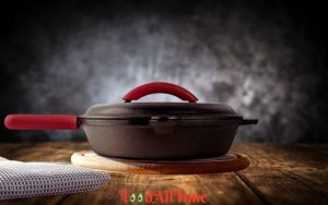 Cast Iron Skillet with Lid - 10"-inch Pre-Seasoned Covered Frying Pan Set + Silicone Handle and Lid Holders + Scraper/Cleaner - Indoor/Outdoor, Oven,...